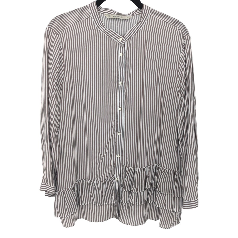 Zara Top Women Large Brown Striped Ruffle Button Down Blouse Casual Contemporary